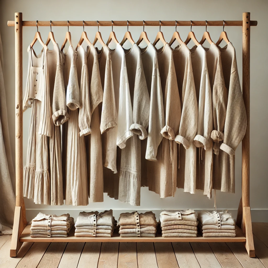 DALL·E 2024 08 12 11.57.22 A Neatly Arranged Wooden Clothing Rack Displaying An Assortment Of Linen Garments. The Garments Include Dresses Shirts And Pants All In Natural Ea